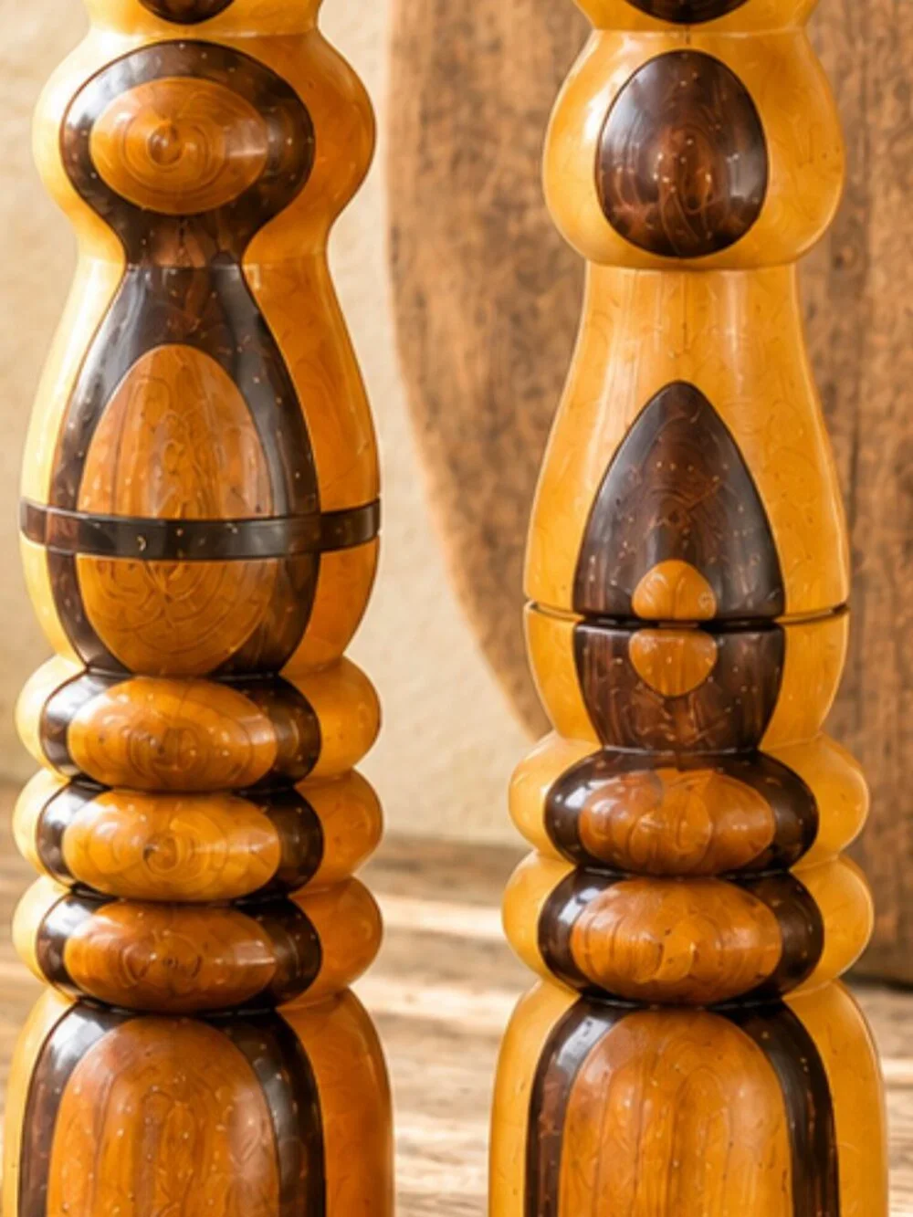 Rare Vintage Signed Sculptural Handcrafted Artisan Wood Salt & Pepper Mill Set